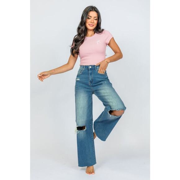 Pink Lily High Waisted Medium Wash Distressed Wide Leg Jeans Size 29 0634W - Picture 1 of 13